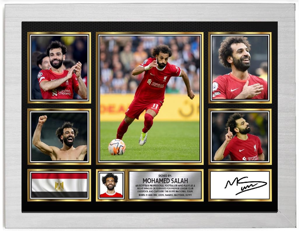 Mohamed Salah Signed Autograph Photograph Display - Perfect for Football Fans, A4 Poster + White Frame - Limited Edition Autograph Fan Gift – Collectible Memorabilia Merchandise