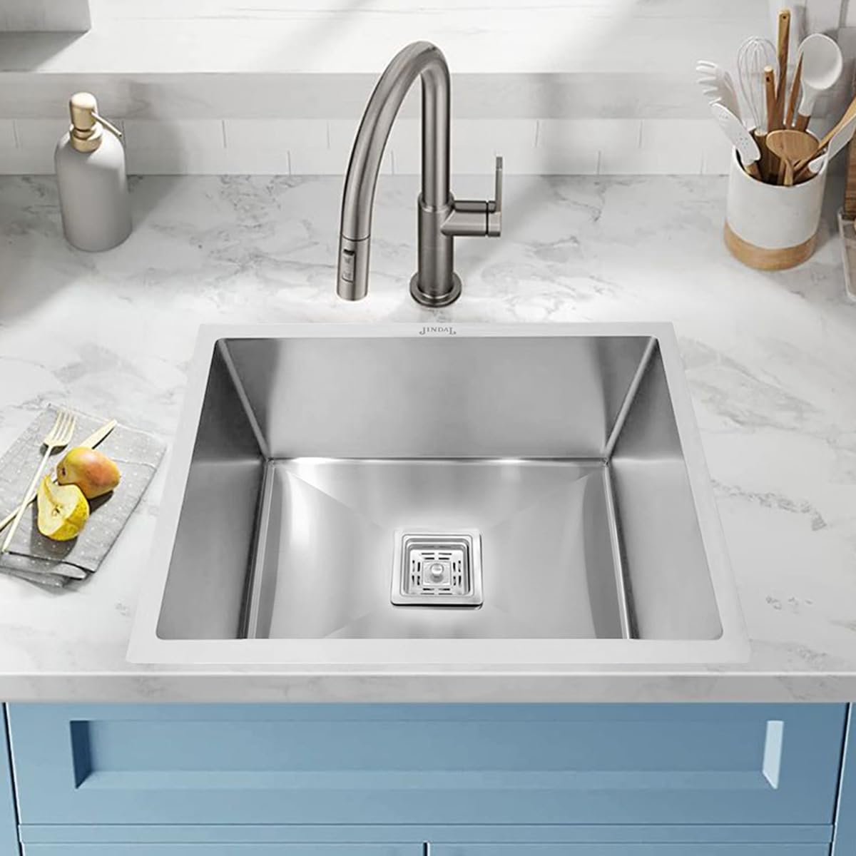 JINDAL Handmade Single Bowl Stainless Steel18x16x9 Inch Kitchen Sink/Sink With Sink Coupling And Waste Pipe/Sink With Matt Finish/SS Kitchen Sink/Pack Of 1/0211