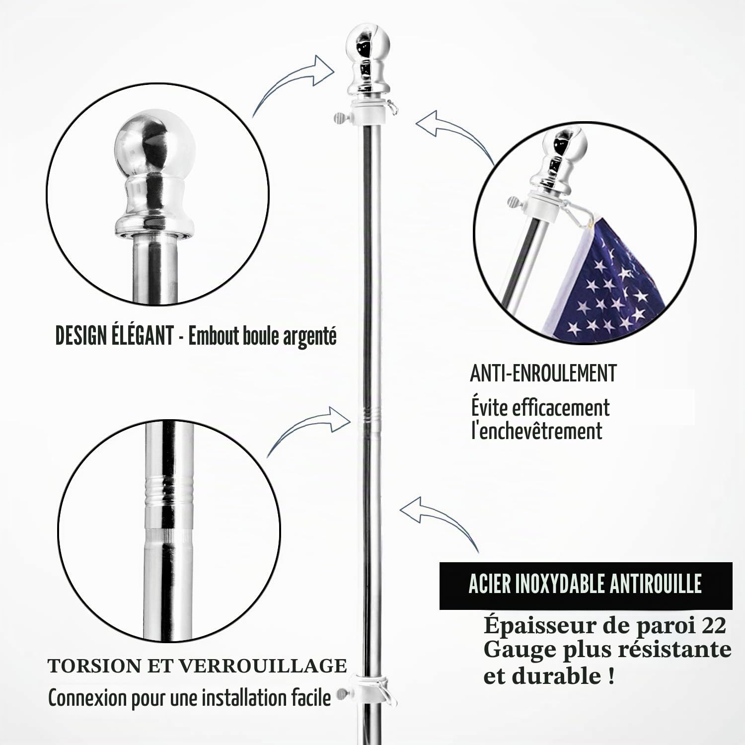 ANLEY Mât de drapeau mural en acier inoxydable de 1,8 m avec anneaux rotatifs sans enchevêtrement – Longueur réglable, robuste et antirouille pour maison, cour et commerce (2,5 cm de diamètre)