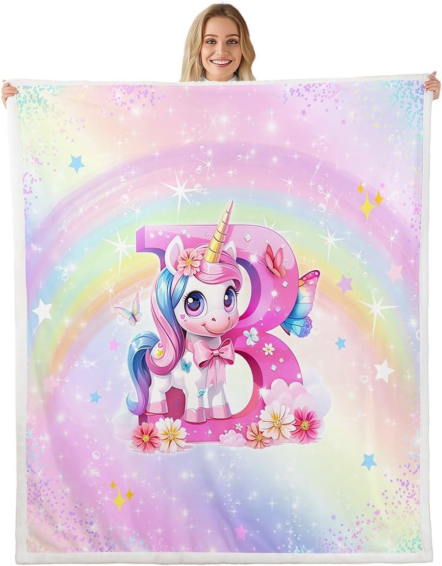 Erosebridal Unicorn Fleece Blankets Twin 60"X80" Rainbow Unicorn Throw Blanket with Kids Boys Girls Room Decor,Gradient Glitter Sherpa Blanket Alphabet Monogram B Fuzzy Blankets(Purple Pink)