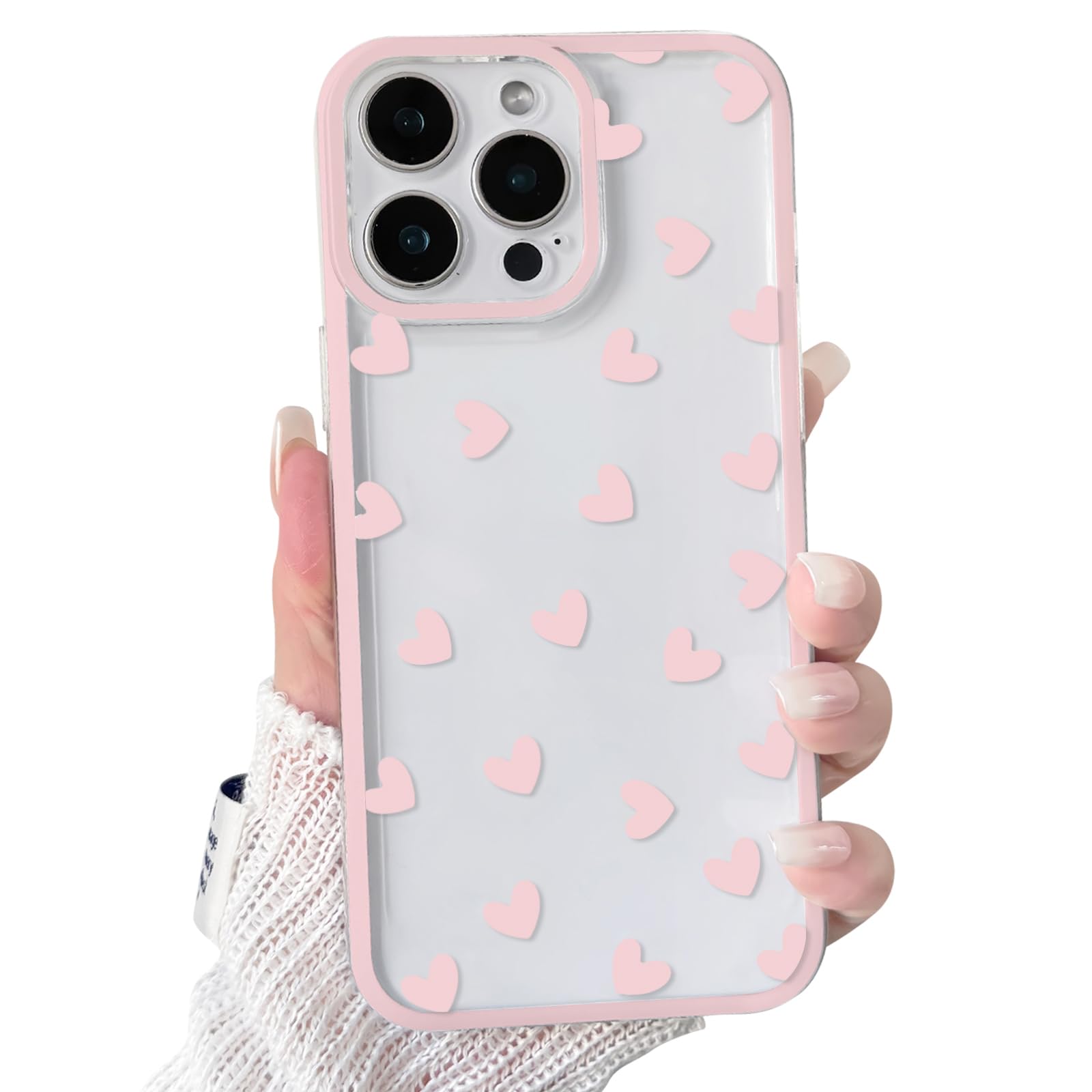 NITITOP Compatible with iPhone 14 Pro Case Cute Clear Light Pink Durable Love Heart Pattern for Girls Women Soft TPU Transparent Full Camera Lens