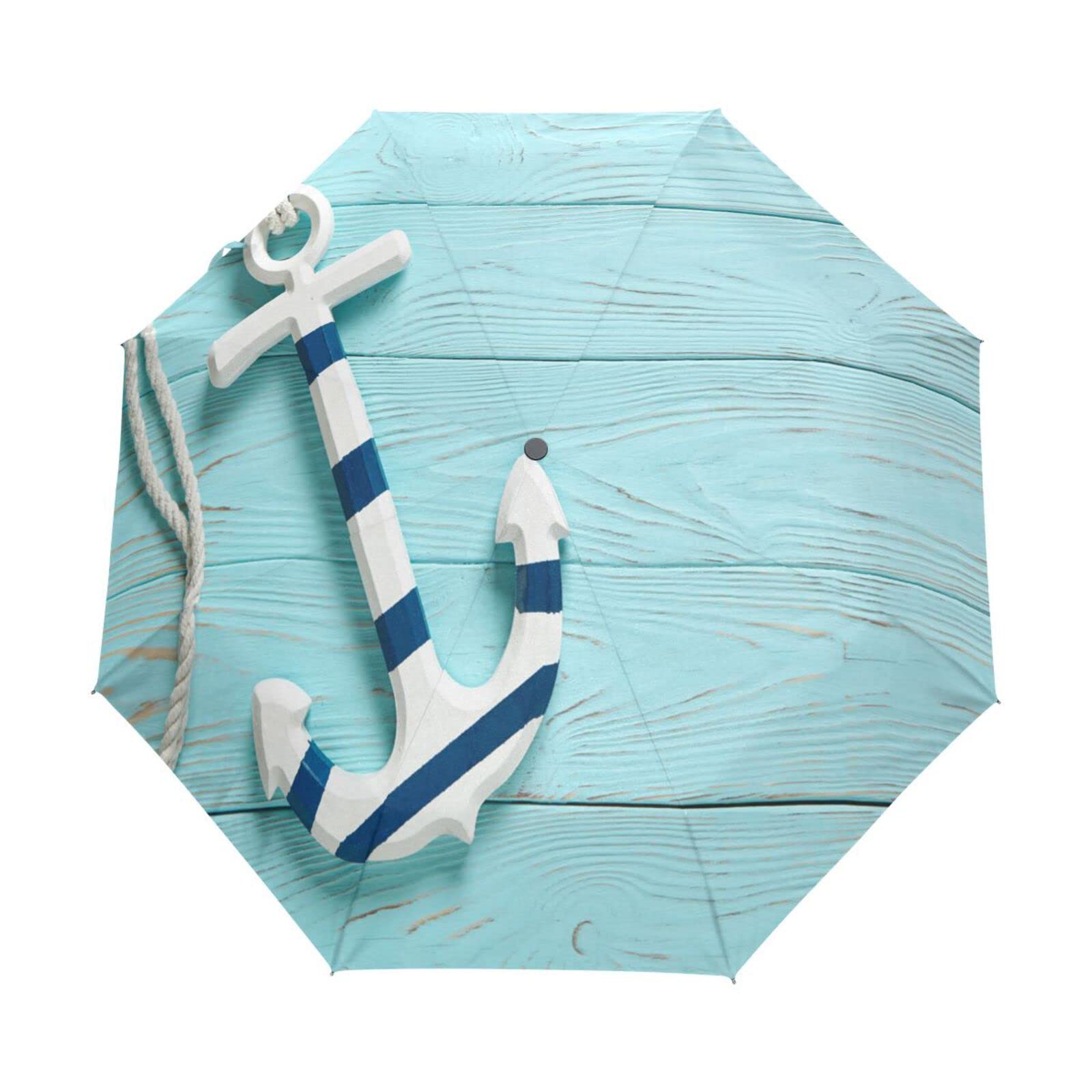 genericSun Umbrella Sea Nautical Anchor Wood Grain UV Protection Umbrella for Rain Windproof Umbrella Auto Open Close Folding Umbrella for Walking Travel Outdoor, Lightweight/Compact
