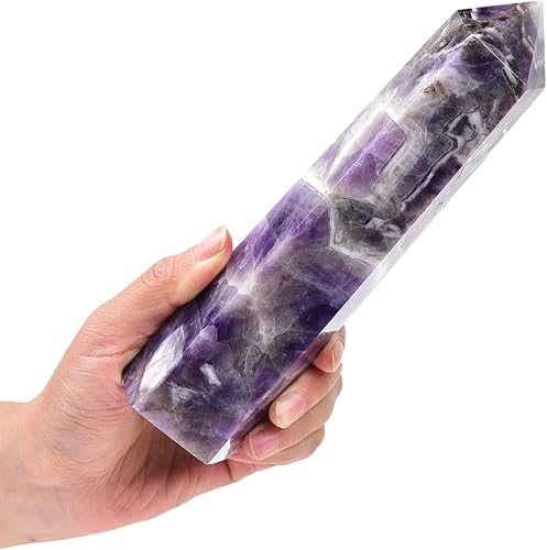 AMOYSTONE Torre de cristal grande, amatista natural de ensueño, 6 obeliscos facetados, varita de pilar de cristal curativo, hexagonal, puntiaguda,