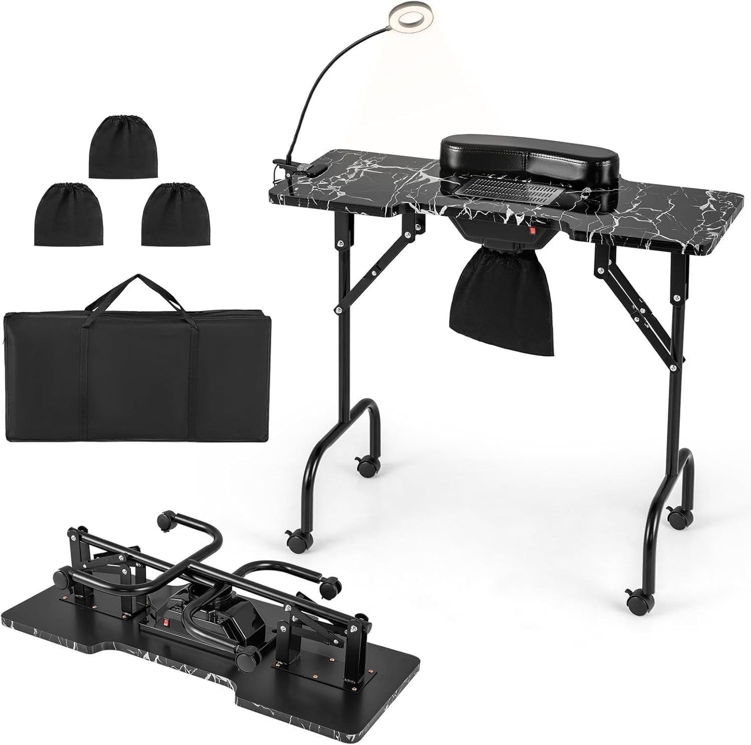 FANTASK Mesa de manicura plegable, mesa de uñas con colector de polvo eléctrico, lámpara LED