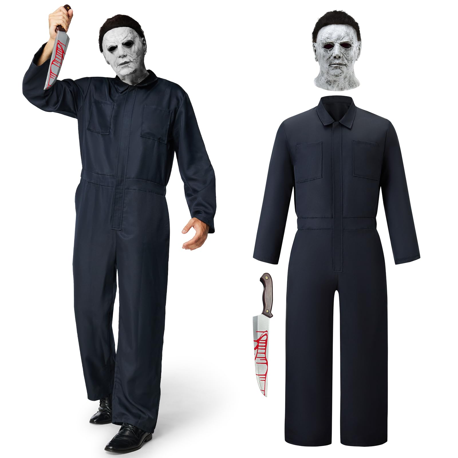 Ulikey Disfraz de Halloween Michael Myers para Adultos, Conjunto de Disfraz de Cosplay de Terror con Mono Ropa de Trabajo para Hombres y Máscara de Michael Myers de para Carnaval Halloween