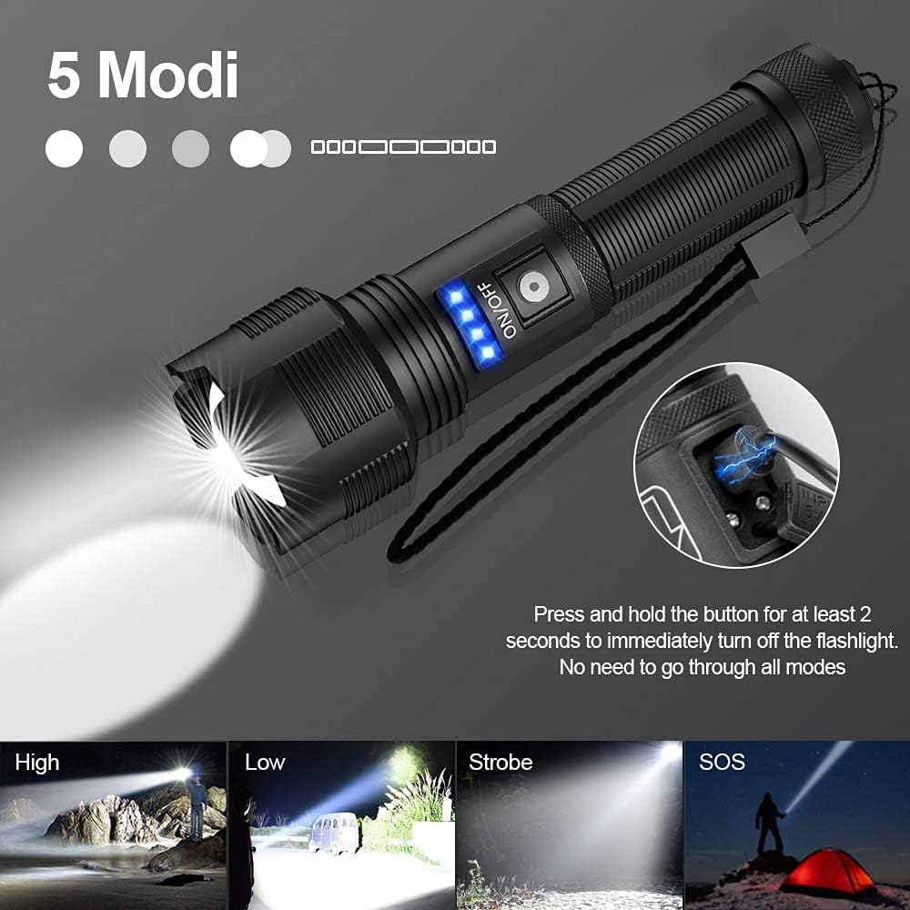 Rechargeable LED Flashlights High Lumens, 7000 Lumens Super Bright Zoomable IPX6 Waterproof Tactical Flashlight with Batteries Included & 5 Modes, Handheld Flashlight for Camping Emergencies (2PC) - - 