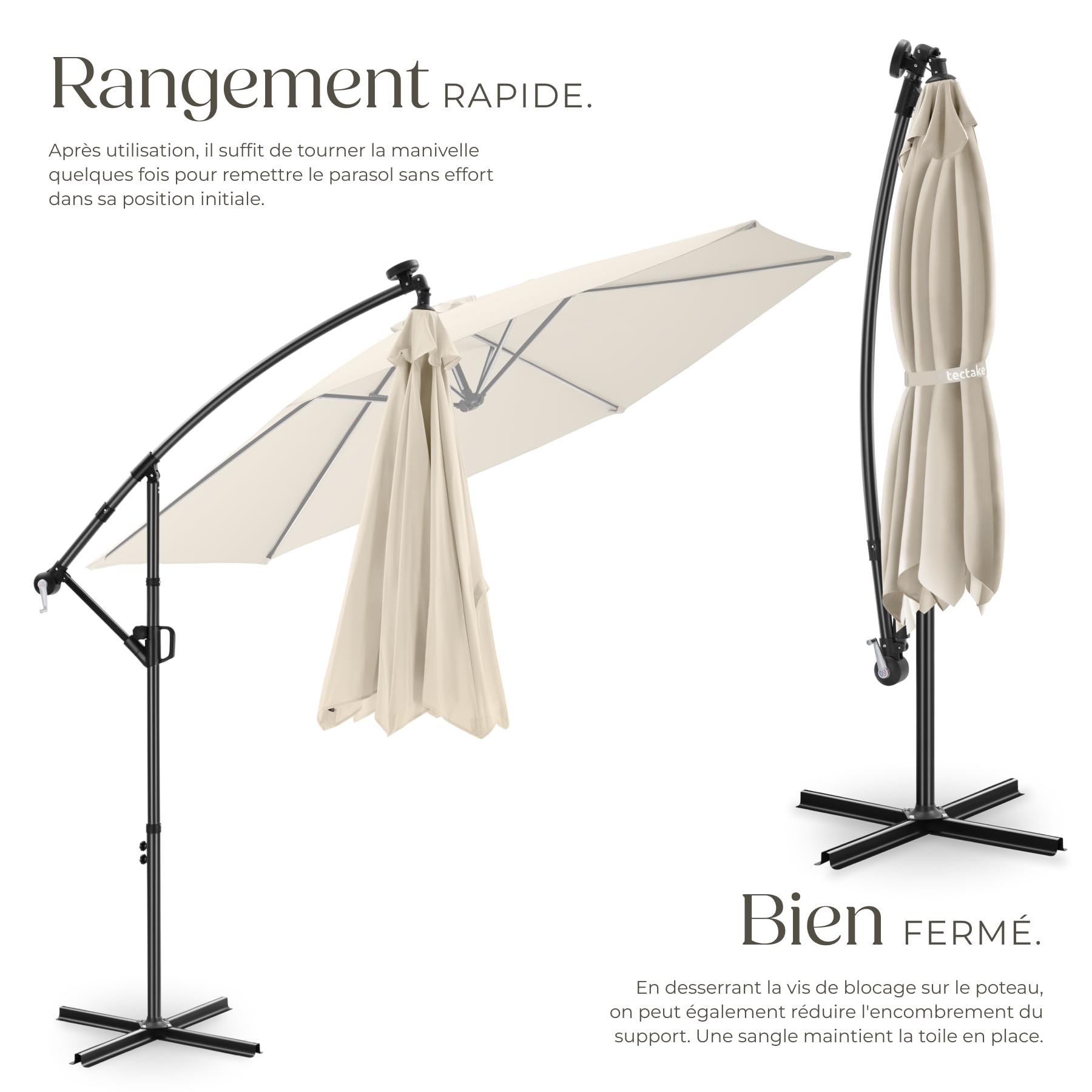 tectake® Parasol déporté, 3 x 3 m avec Eclairage LED, Pivotant à 360°, Inclinable de 90° à 135°, UV 50+, Panneau solaire, Parasol de jardin exterieur, Terrasse, Balcon, Divers Coloris
