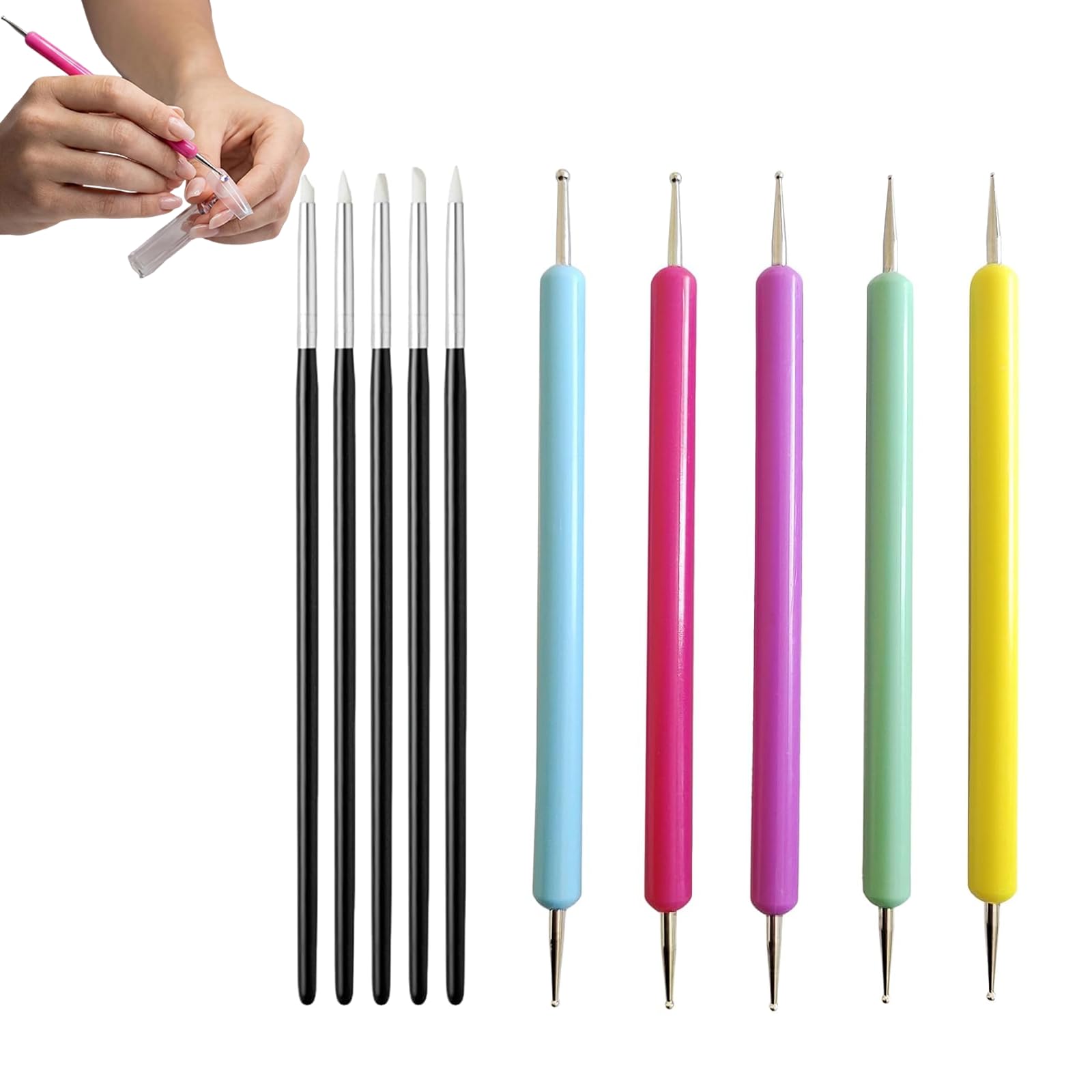 Set di 10 penne per unghie, penna in silicone + penna per punteggiatura, set di attrezzi per unghie, set di strumenti per marmorizzazione, punti, strumenti per nail art, per pietre, effetto