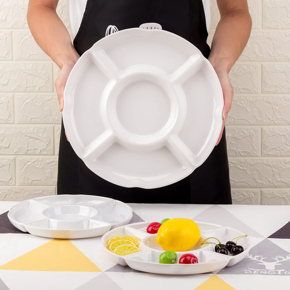 HugeDE 10 Inches Imitation Porcelain Snack Tray Large Food Serving Tray Fruit Platter Tray Section Divided Plates Compartment Portion Plate Veggie Serve Plate for Party White - Image 2