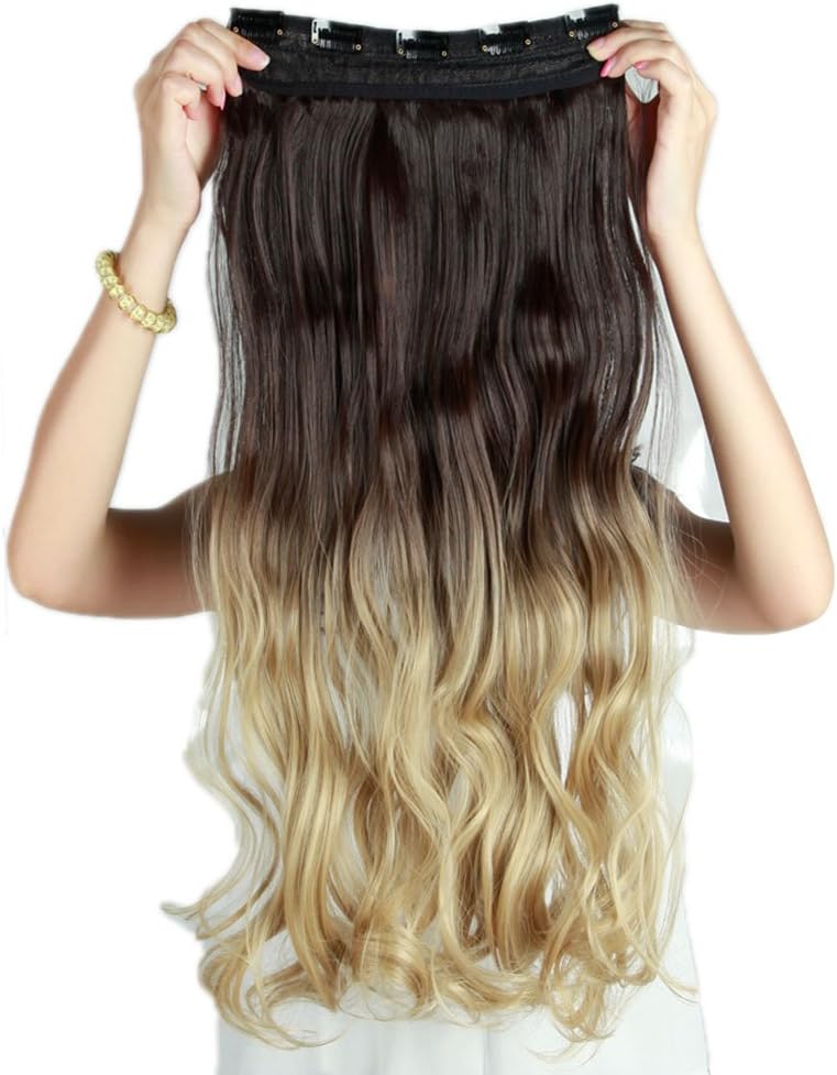 S-noilite Ombre Gradient Color Dark Brown to Ash Blonde 23" Long 58 Cm Curly Wavy 5 Clips in Dip Dye Hair Extensions 3/4 Full Head