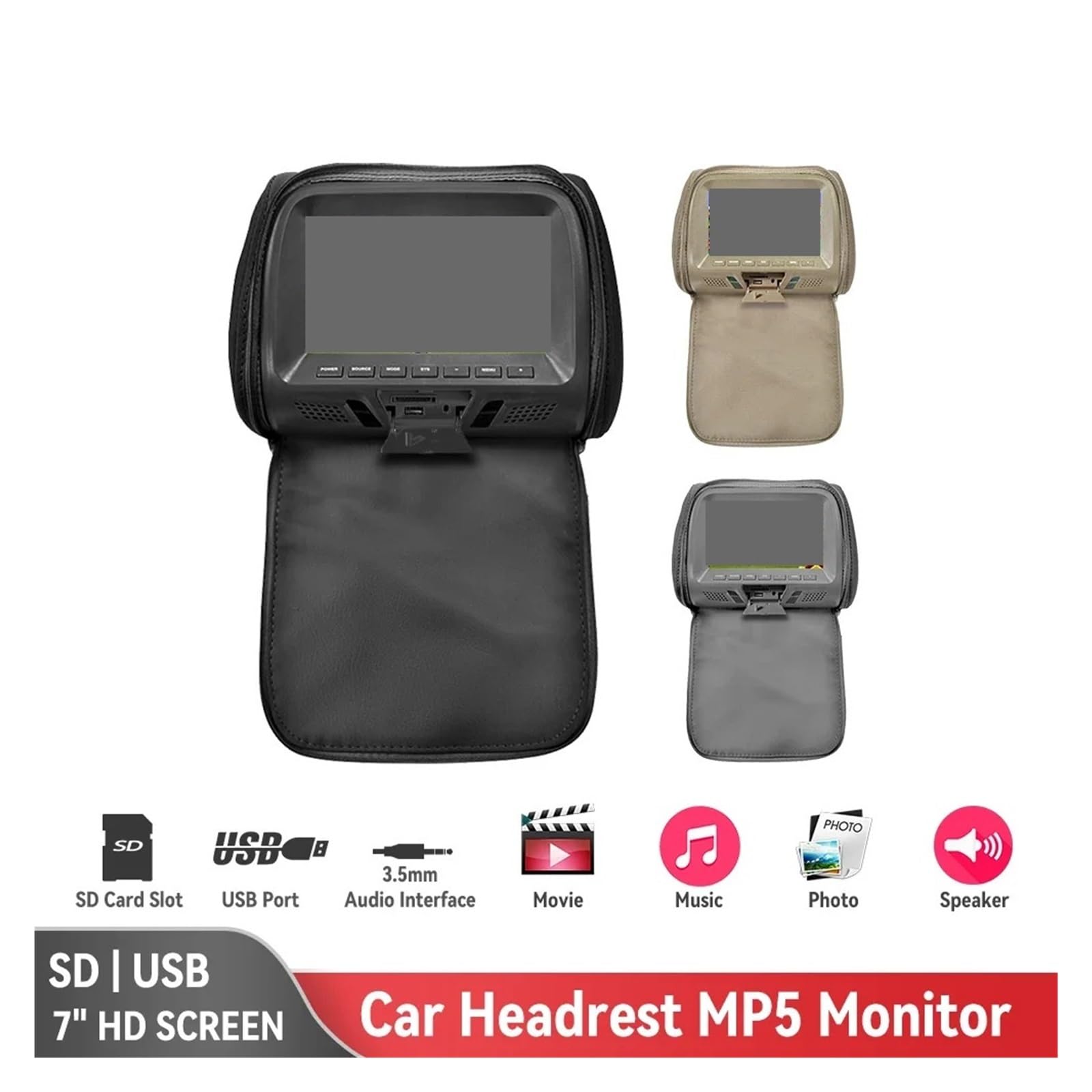 Monitor Samochodowy Zagłówek Uniwersalny 7-calowy Ekran TFT LED Multimedialny Odtwarzacz MP5 Poduszka Podtrzymująca Wejście USB/SD FM/głośnik/kamera(707M-BE-C)