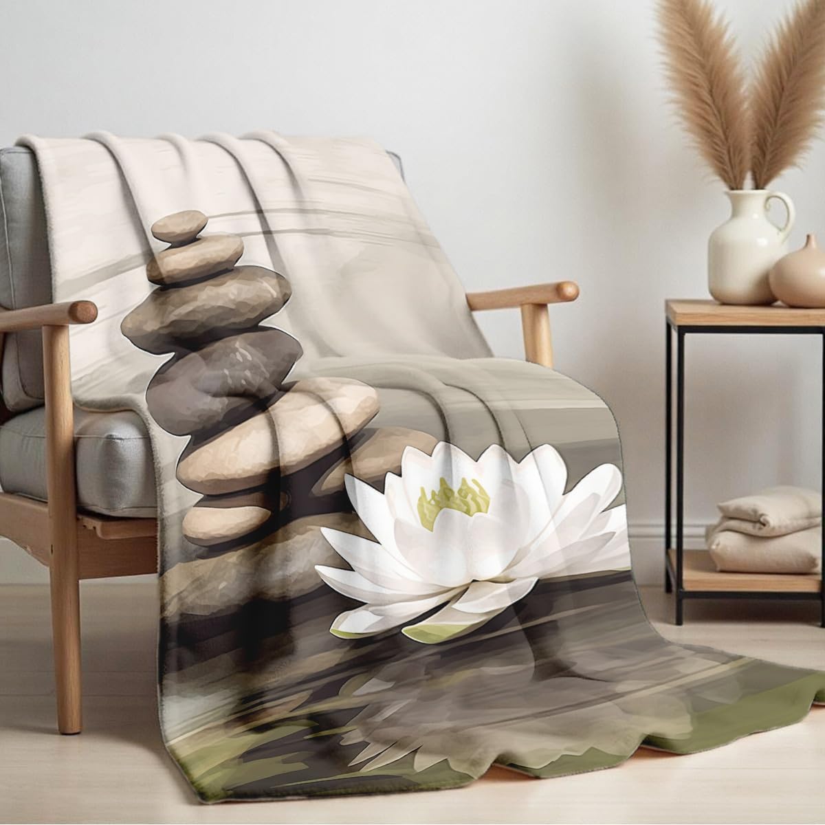 Lotus Flower Print Blanket Zen Throw Zen Stones Flannel Blankets for Bed Sofa Office Yoga Room Meditation Spa Bedding Throw (49"x59")