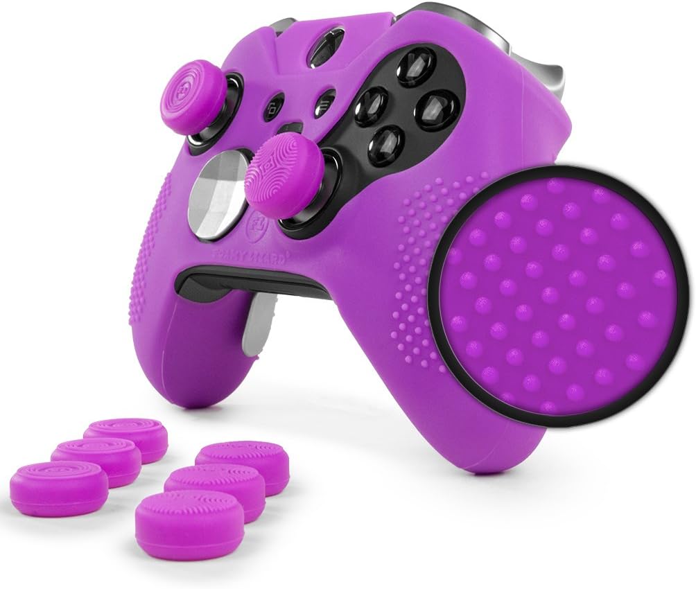 ElitePro Grip Studded Skin Set for Xbox One Elite Controller by Foamy Lizard ® Sweat Free Silicone Skin w/ Raised Anti-Slip Studs Plus Set of 8 QSX-Elite Thumb Grips (Skin + QSX-E Grips, Purple)
