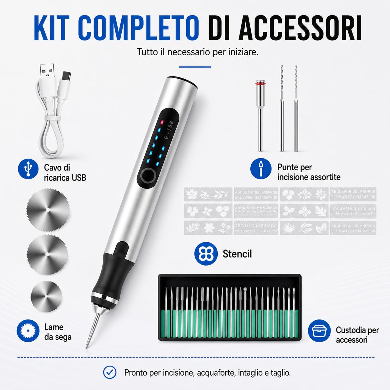 VOBOR Penna Elettrica per Incisione Senza Fili, Kit Strumenti Incisore Rotante Portatile, Ricaricabile USB, Mini Incisione a Batteria per Legno Metallo Vetro Gioielli Plastica Pietra – Fai da Te