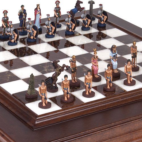 Hand Painted Romans & Egyptian Solid Pewter Chessmen, With Napolitano Luxury Chess Board/Cabinet From Italy, King: 2 1/2" #TOP20
