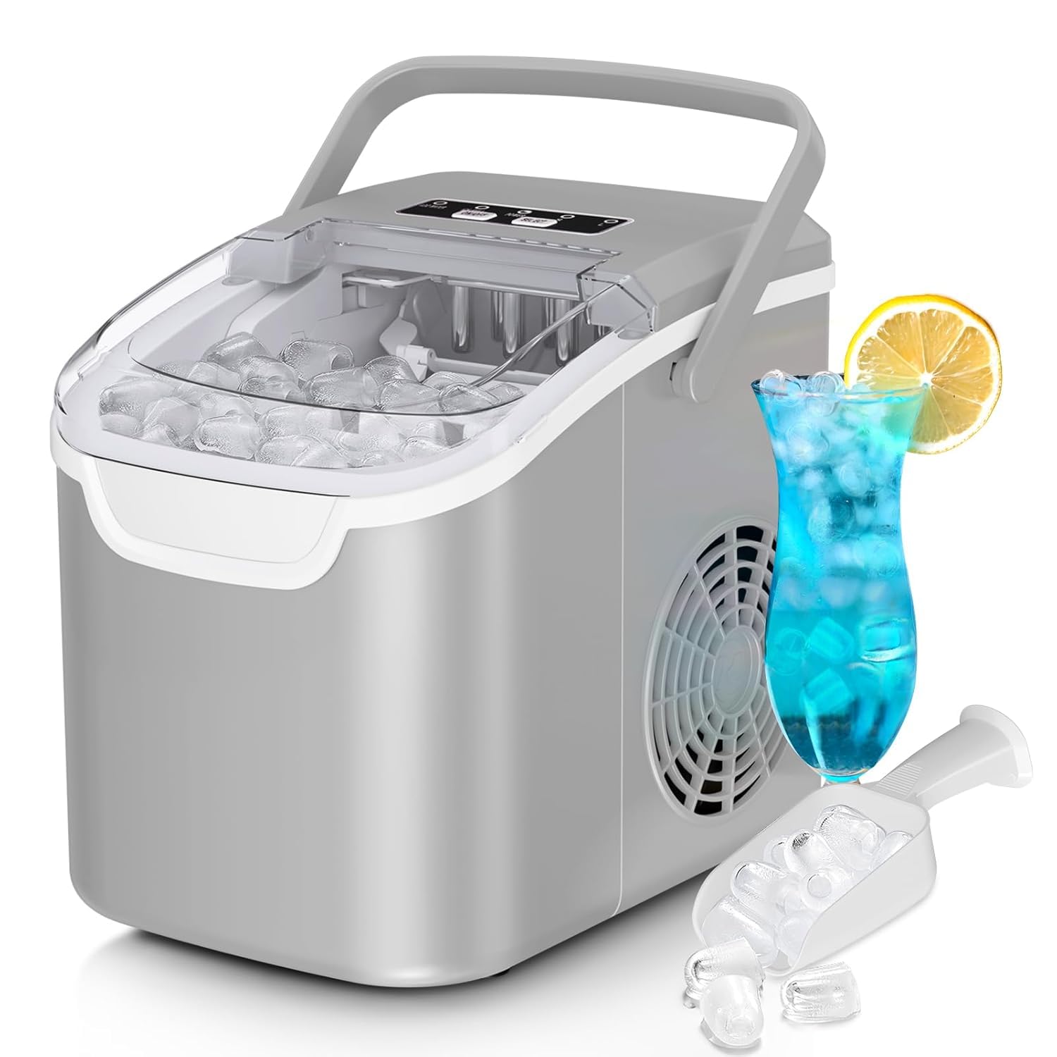 Antarctic Star Countertop Ice Maker,26Lbs/24H,9 Cubes in 6 Mins,Portable Ice Machine with Ice Scoop and Basket,2 Sizes of Bullet Ice Cube for Home Kitchen Office Bar Party, Grey