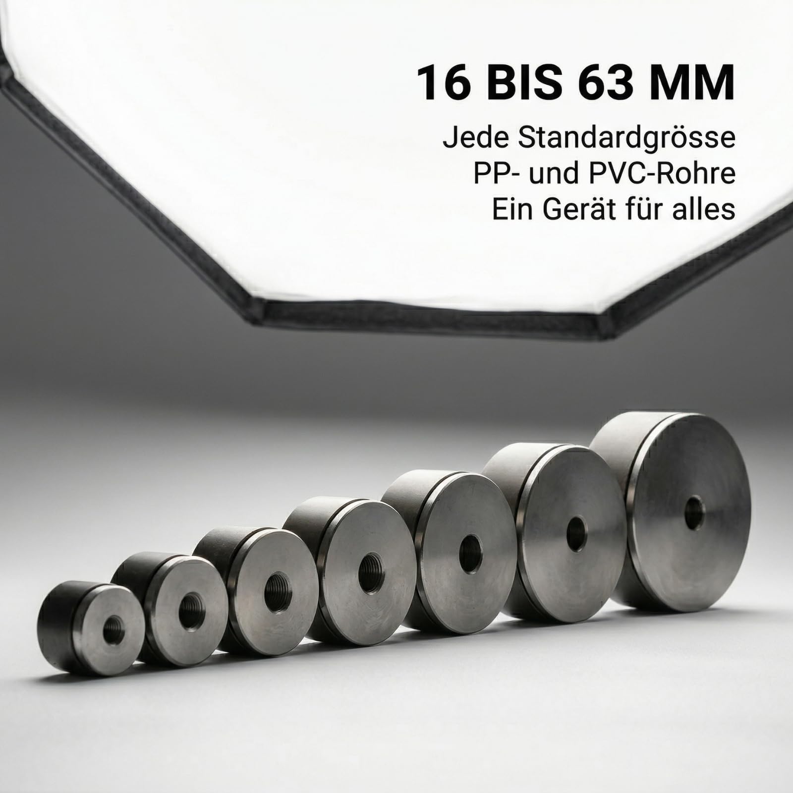 Muffenschweißgerät für PP/PVC Rohre, Profi Rohrschweißgerät mit Digitalanzeige, 2800W - Digital 0-320 °C, 7 Aufsätze Ø16-63 mm, inkl. Rohrschere & Koffer, für Heimwerker & Profis