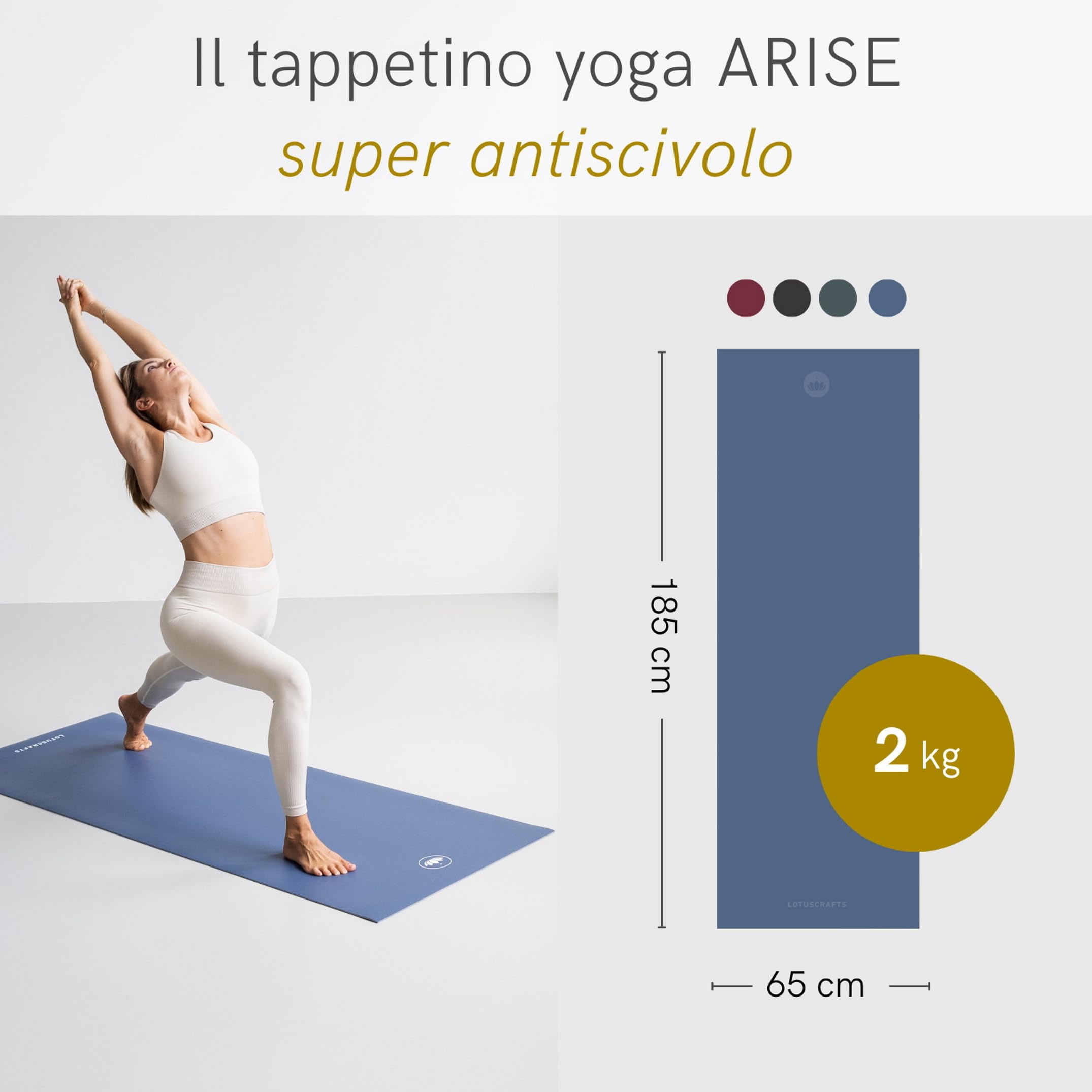 LOTUSCRAFTS Arise Tappetino Yoga, Antiscivolo, Prodotto in Spagna, Tappetino da Yoga in Gomma Naturale, 185 x 65 x 0,4 cm