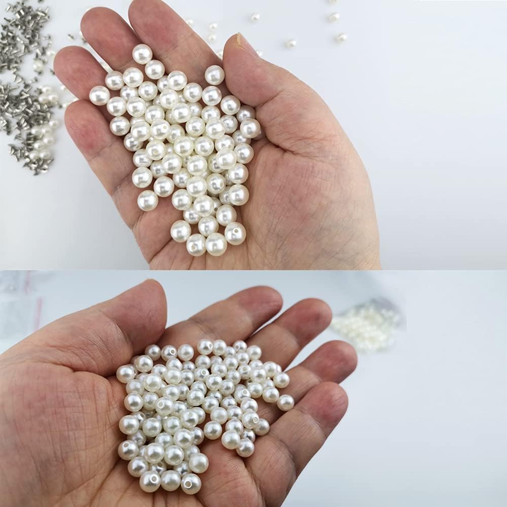 Saktopdeco 180 Pairs Mix Size Pearl Rivet Studs 6mm 8mm White Faux Pearls Pearl Rivets for Leather Clothing Dog Collar Bag DIY Decoration