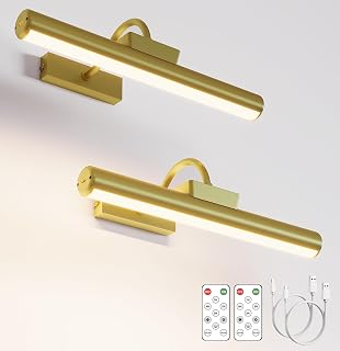 Skairipa 13in Battery Operated Picture Lights (Gold 2-Pack) - Wireless Dimmable LED Art Lights w/ Remote, 5000mAh Rechargeable for Paintings, Gallery, Dartboard