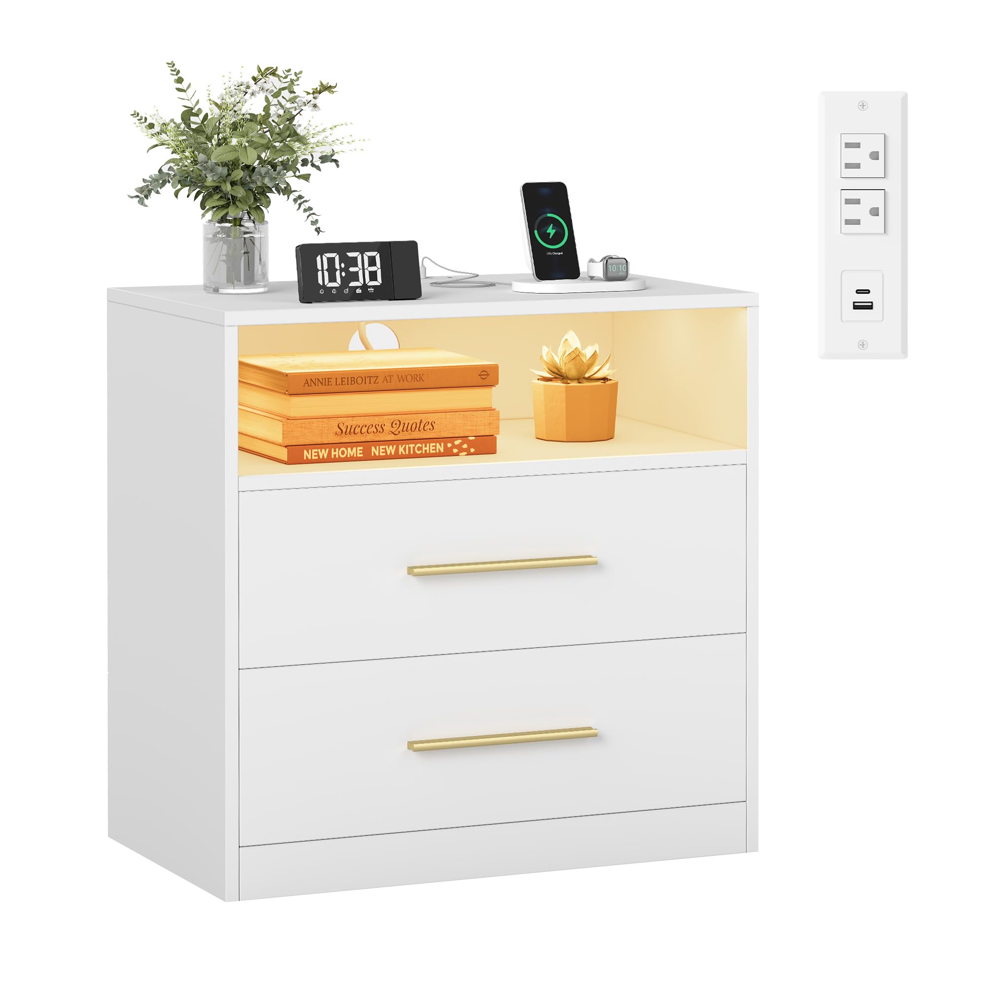 VASAGLE Custos Collection Nightstand in Cloud White with a lamp and charging phone on top