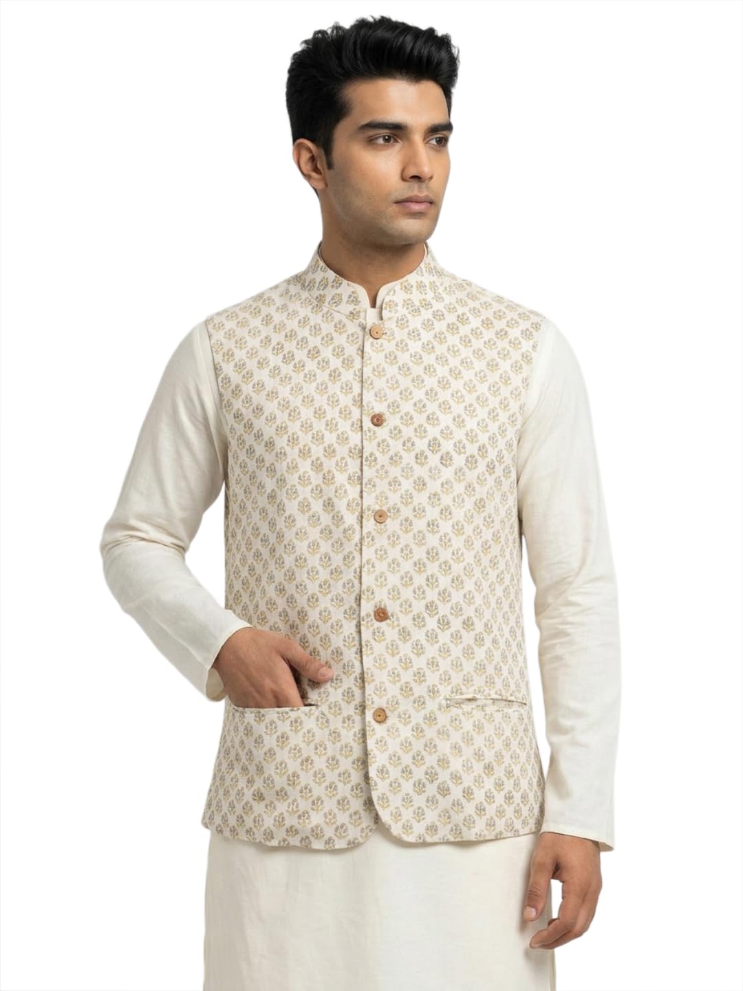 Men Regular Fit Print Pattern Pure Cotton Mandarin Collar Sleeveless Festive Bundi-picture-41