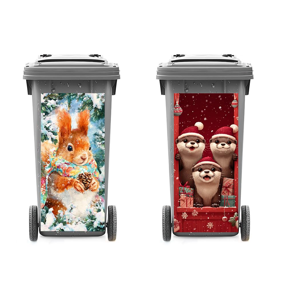 2 PC Trash Can Sticker 14.57 × 32.28 Inch Cute Otter and Squirrel Christmas Design Vinyl Sticker with Santa Hat Pinecone Gift and Snowflake Pattern for Outdoor Garbage Bin Yard Decor