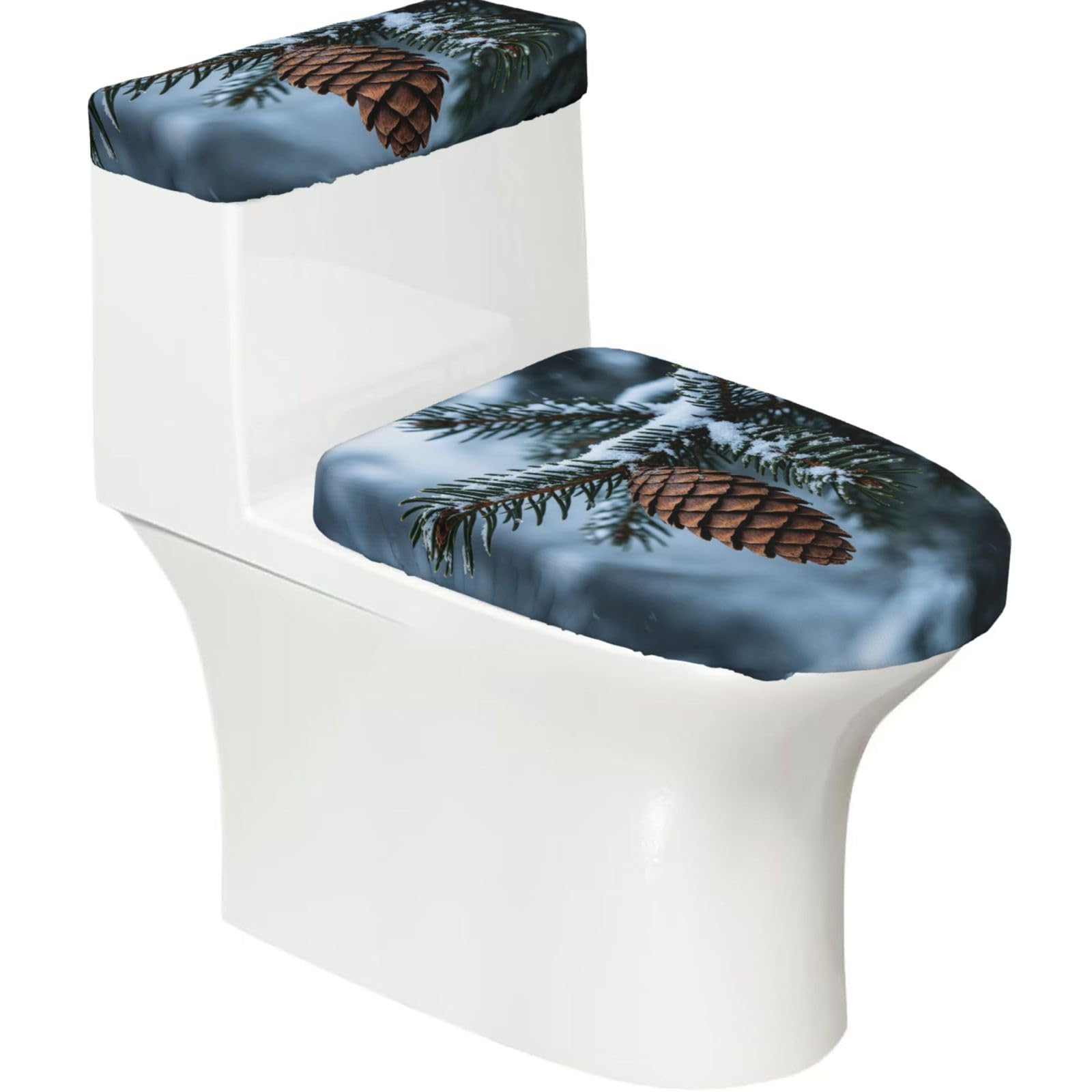 Cntdbu Black Green Pine Branch Elastic Toilet Cover Set Of 2-Stretchy Lid And Tank Covers For Bathroom, Soft Washable U Shape Toilet Decor