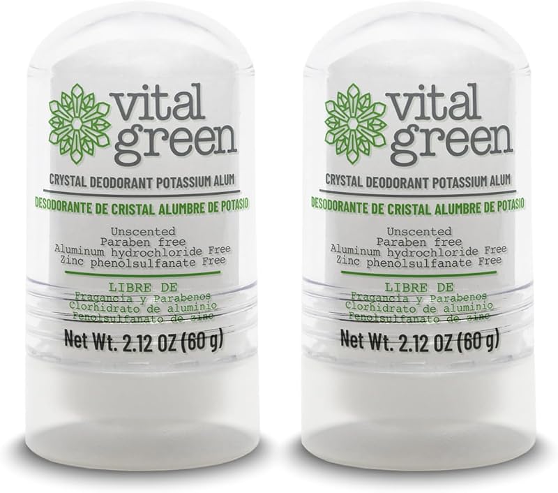 Desodorante em cristal de alúmen de potássio Vital Green, sem fragrância, 60 g, pacote com 2