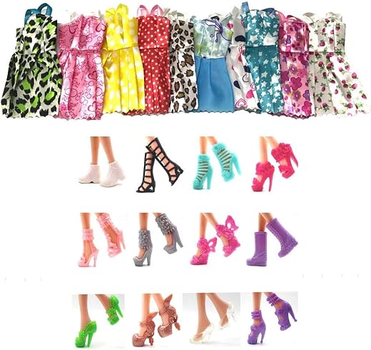 iDream Doll Accessories Set – 12 Beautiful Cloth & Lace Dresses and 12 Pairs of Shoes, Perfect for Dress-Up, Creative Play, and a Wonderful Gift for Doll Lovers