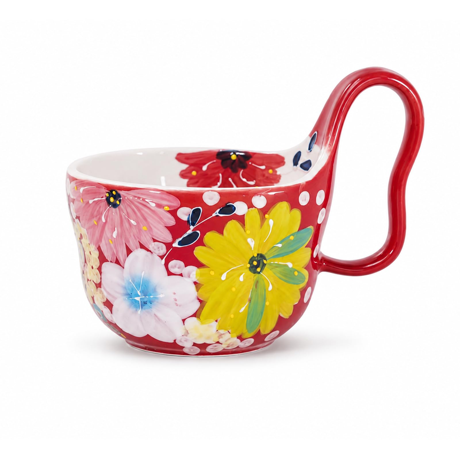 Soup Bowls With Loop Handle 16oz Handpainted Ceramic Cereal Bowls for Women Microwave &amp; Dishwasher Safe Handmade Flower Soup Mug for Oatmeal,Ice cream, Snack, Salsa Gift for Women (Passion Red)