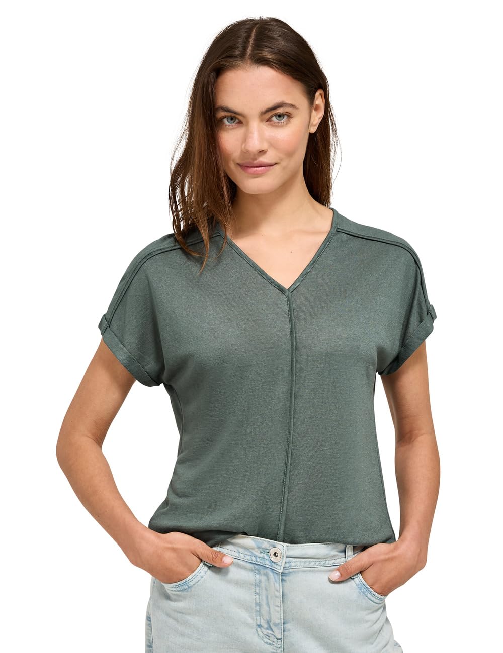 Cecil Women's B323070 T-Shirt with Decorative Stitching, Balmy Khaki, M