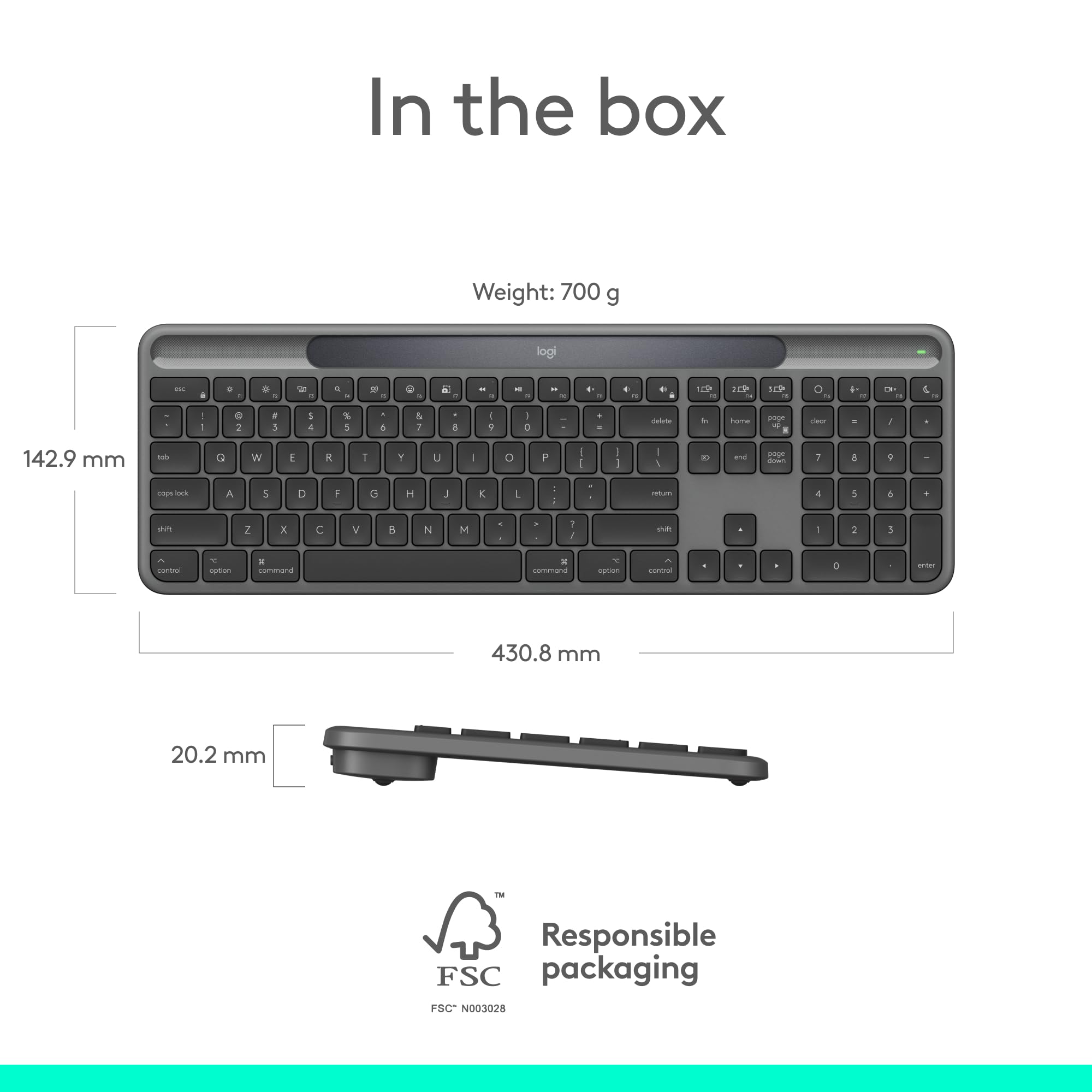 Logitech Signature Slim Solar+ Wireless Bluetooth Keyboard K980 for Mac, Solar and Artificial Light Powered, Up to 10 Years Battery Life, Customizable Keys - Graphite