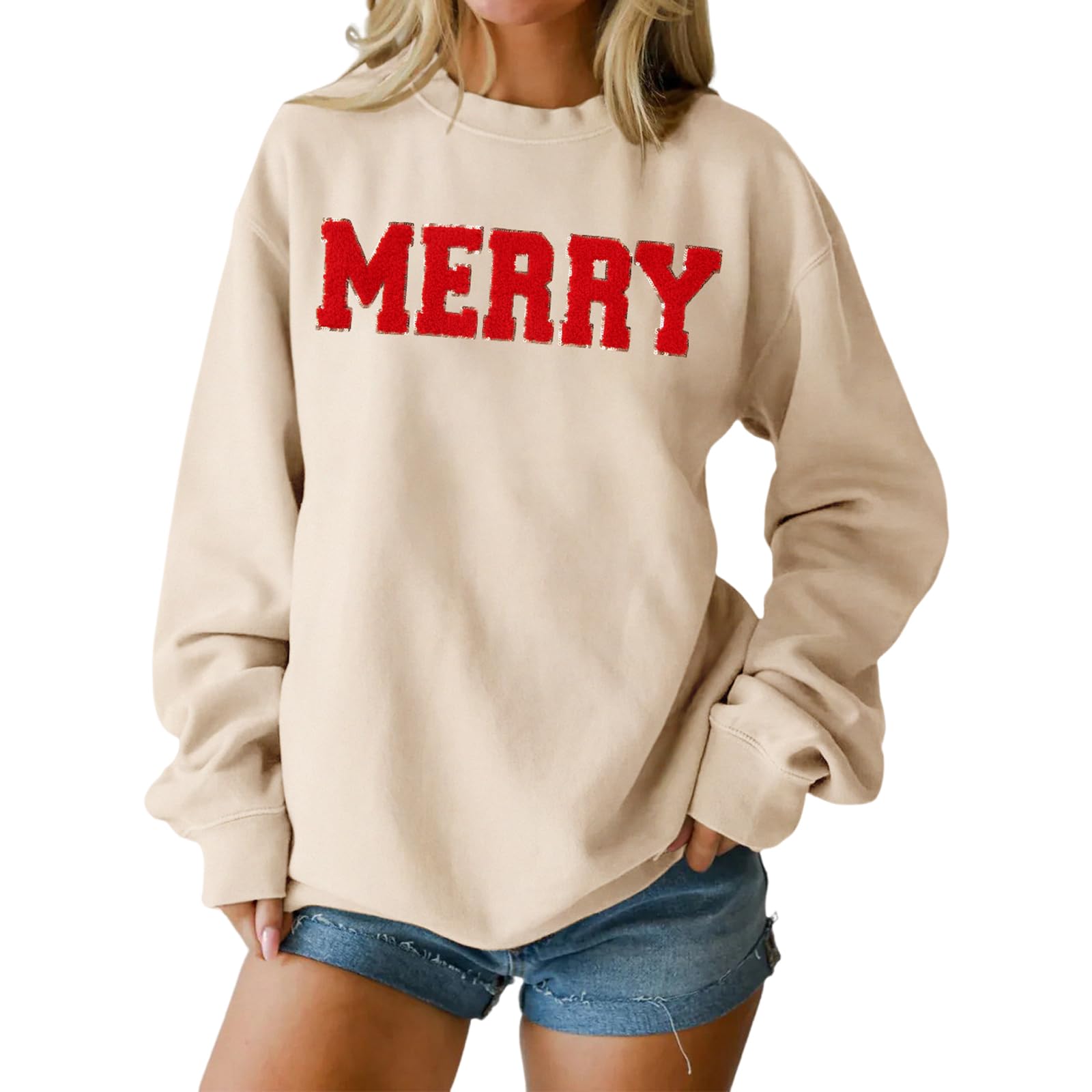 IZYJOY Christmas Women's Merry Graphic Sweatshirt Chenille Patch Letter Printed Crewneck Xmas Gifts Oversized Pullover Top