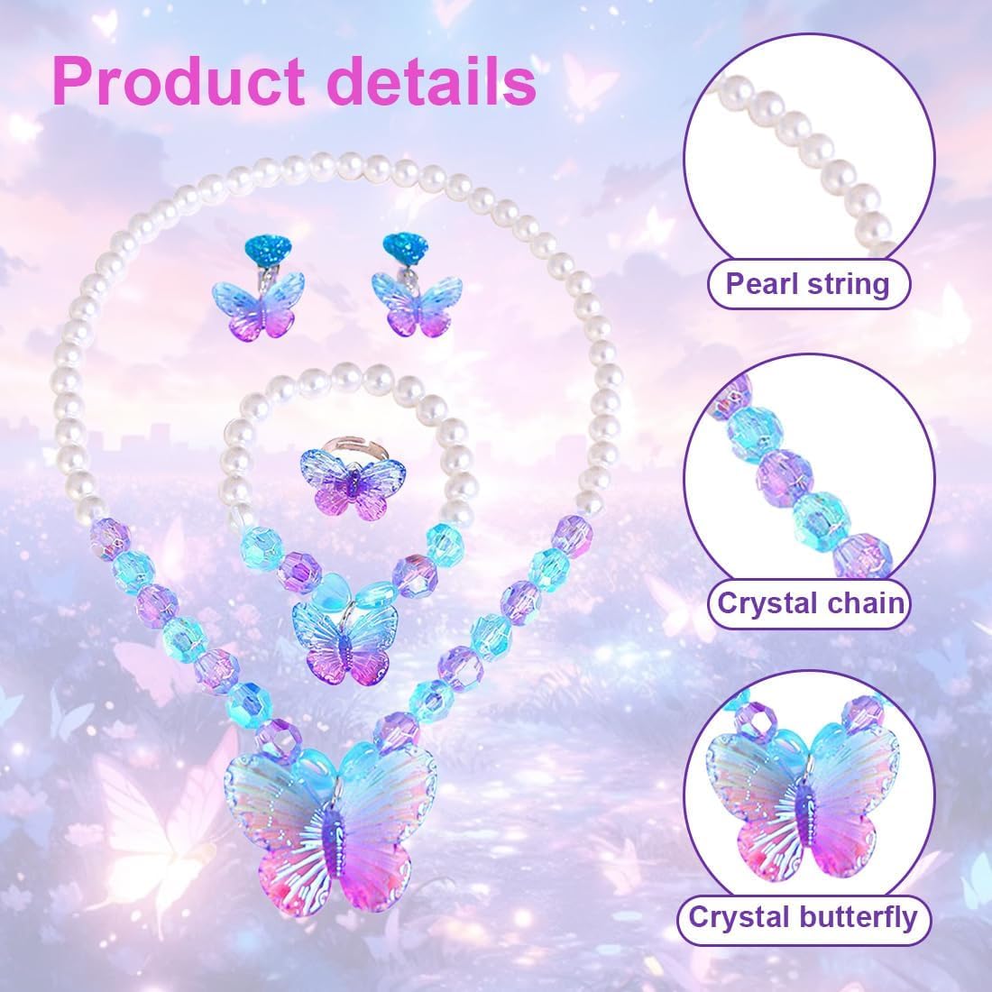 1-Pack Butterfly Jewellery Kit for Girls – Princess Dress-Up Set with Assorted Pearl Bead Necklace, Bracelet, Earrings & Ring – Kids Costume Accessories Gift 2