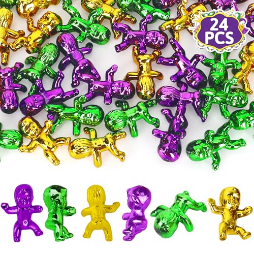 24 PCS King Cake Babies, 1 Inch Plastic Babies for Mardi Gras, Purple Green Gold Tiny Plastic Babies for Baby Shower Favors Ice Cube Game, Small Plastic Babies for Mardi Gras Party Decorations