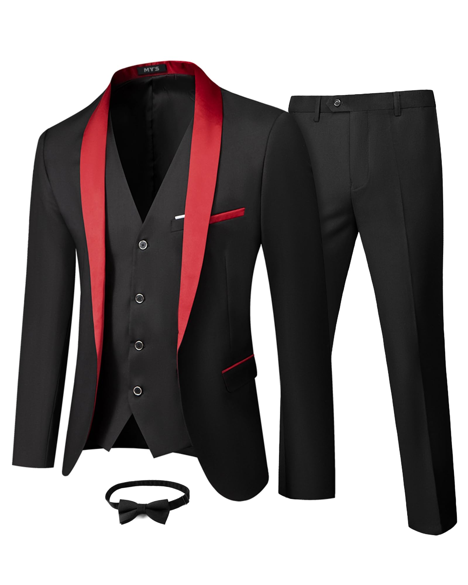 MY'SMens 3 Piece Tuxedo Set with Bow Tie, Shawl Lapel One Button Jacket Vest & Pants, Slim Fit Suit Prom Party Wedding TuxGlobal Recycled StandardGlobal Recycled StandardGlobal Recycled Standard