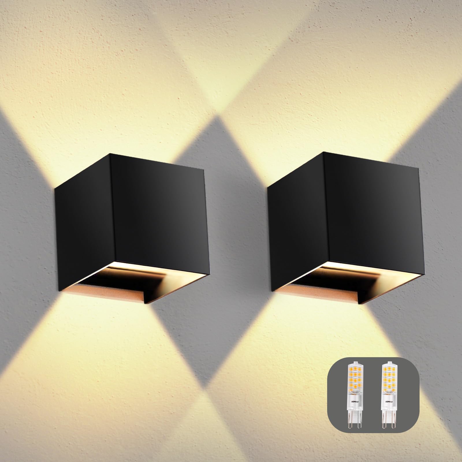 OOWOLF LED Aplique de pared exterior/interior, IP65 lmpermeables,3000K,con Bombillas G9 Reemplazables, ideal iluminación para Exterior