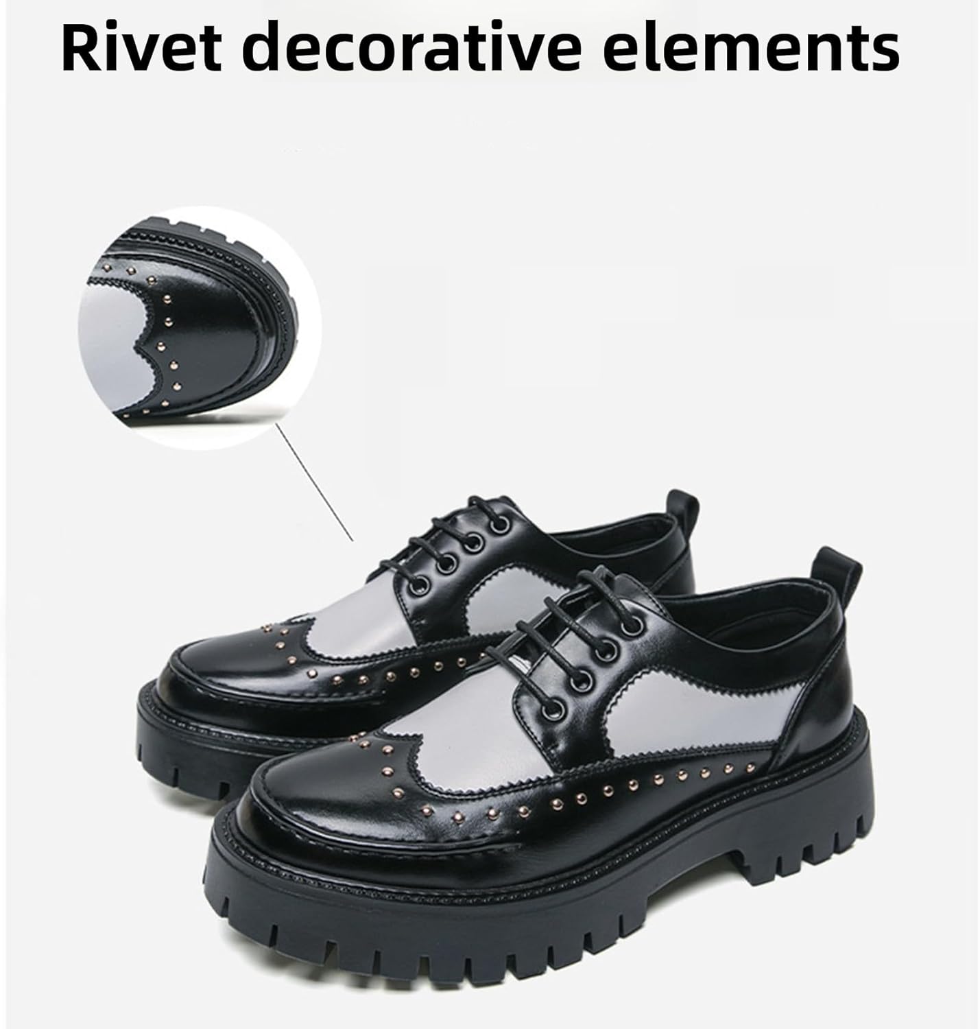 Men's Leather Platform Rivets Dress Shoes Causal Round Toe Thick Lug Sole Lace Up Oxfords Comfort Block Heel Derby Business Shoes - Image 3
