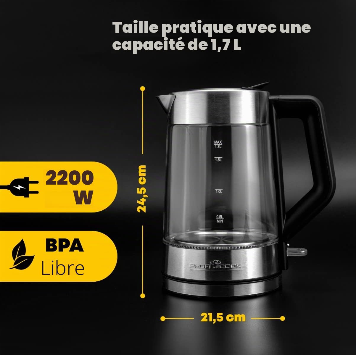 ProfiCook® Bouilloire électrique avec éclairage coloré et capacité de 1,7 litre,verre avec éclairage du réservoir d'eau en fonction de la température, Kettle avec arrêt automatique,2200W-PC-WKS 1190 G