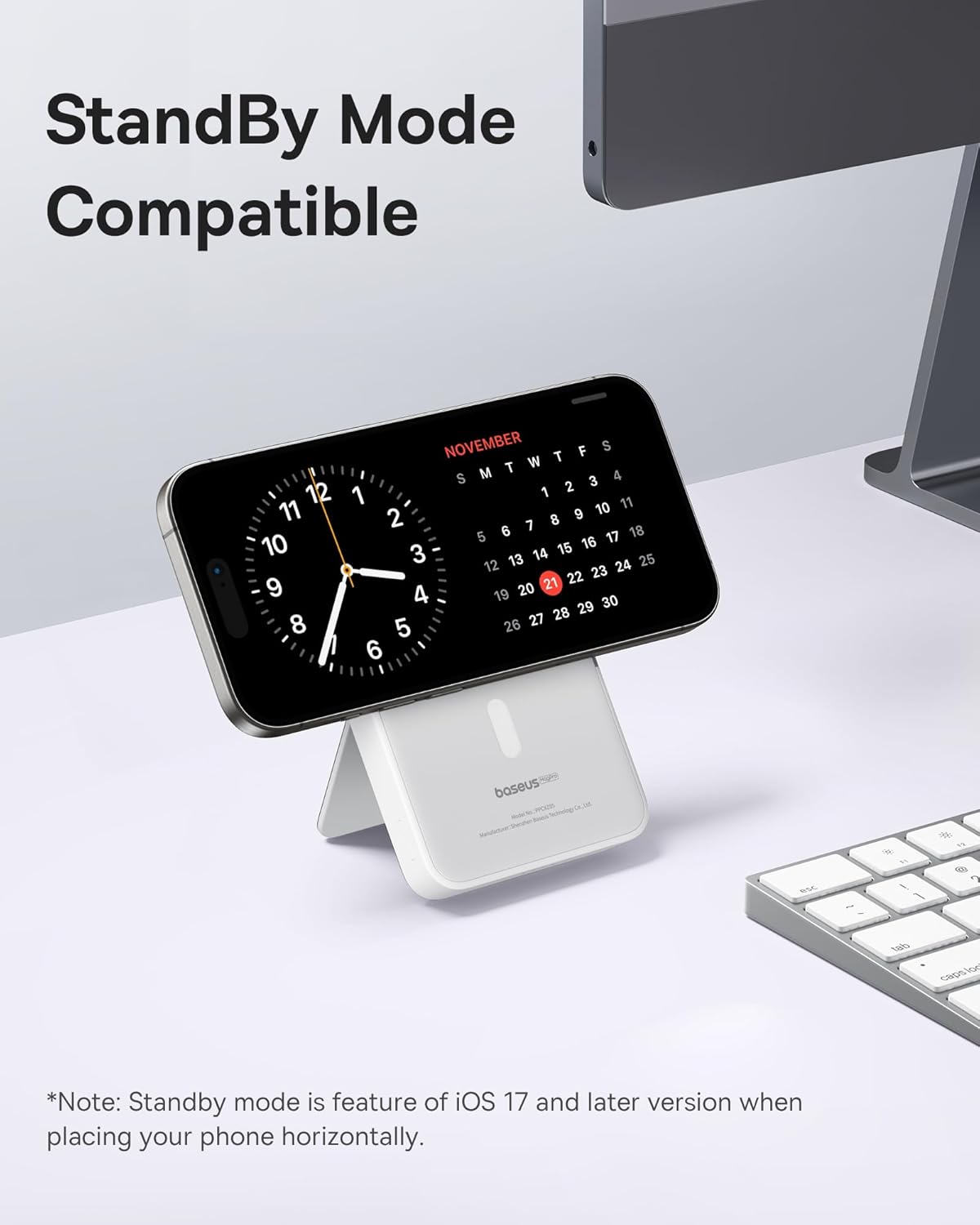 iPhone in StandBy mode on Baseus power bank kickstand