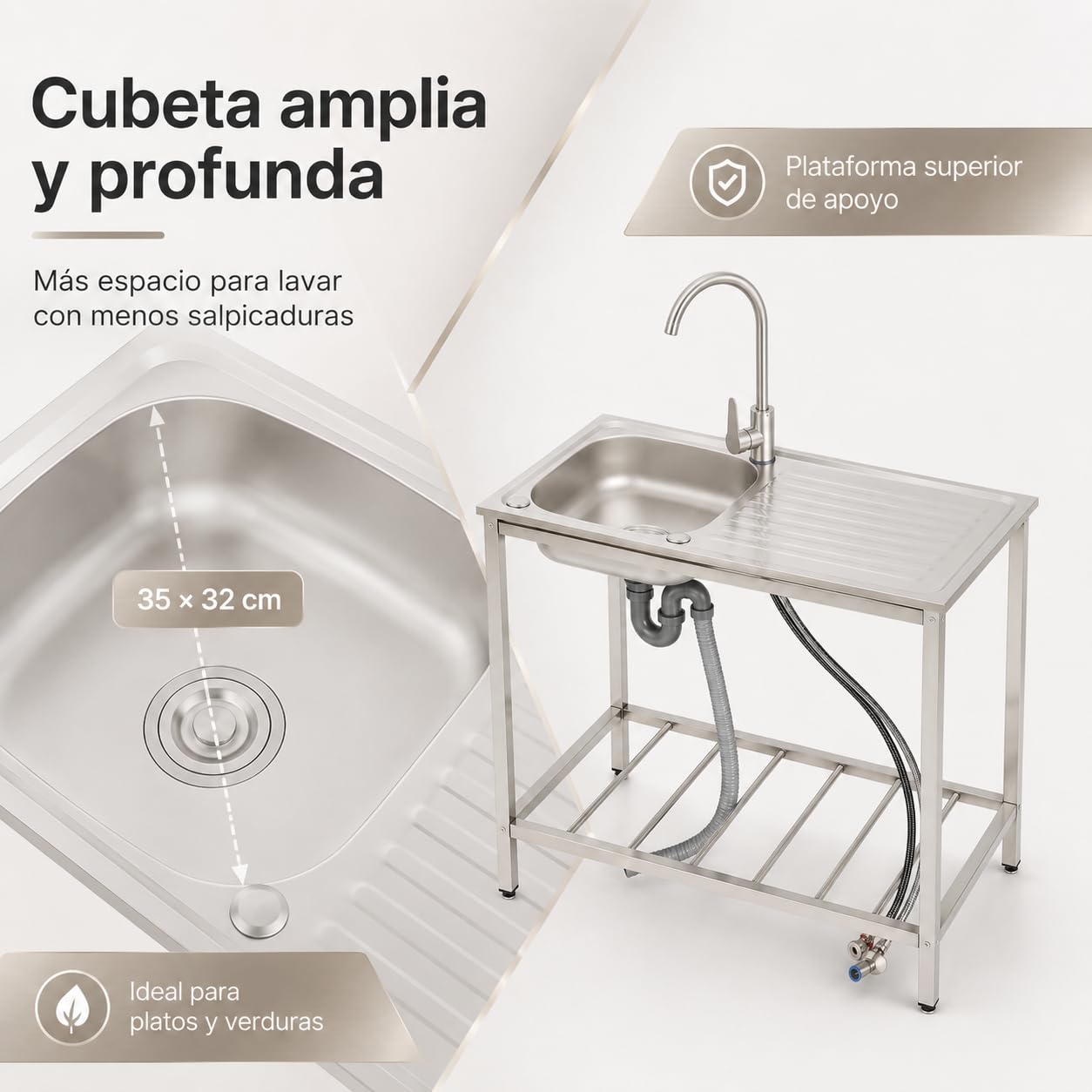 1 lavello, 75 x 40 x 78 cm, lavello da esterno con banco da lavoro, scaffalatura per acqua fredda e calda, 40 kg, capacità di carico lavabo da cucina in acciaio inox