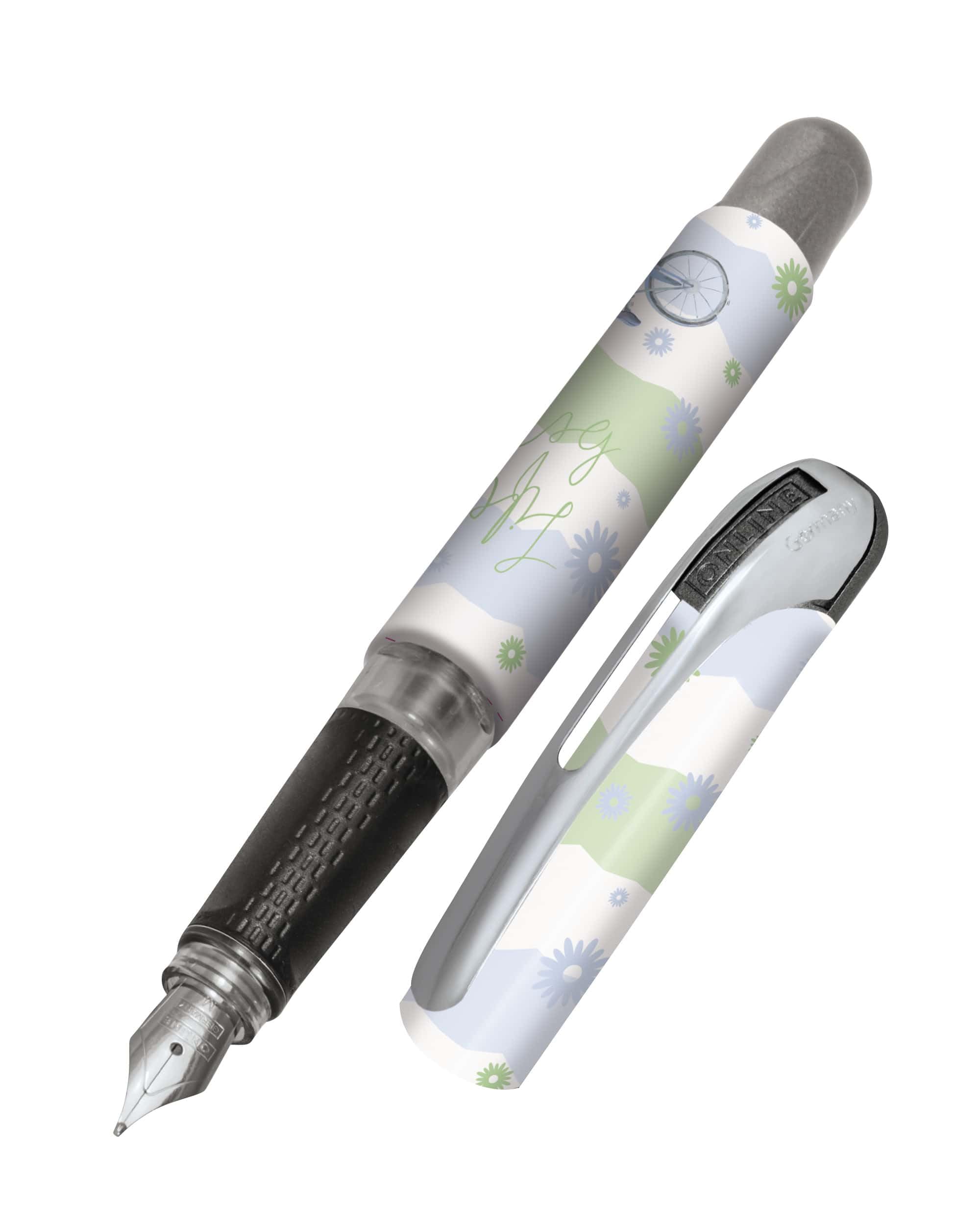 Online fountain pen College Beautiful, ink fountain pen for right-handers, ergonomic grip, iridium nib medium, standard ink cartridges, incl. combi cartridge blue, for allergy sufferers