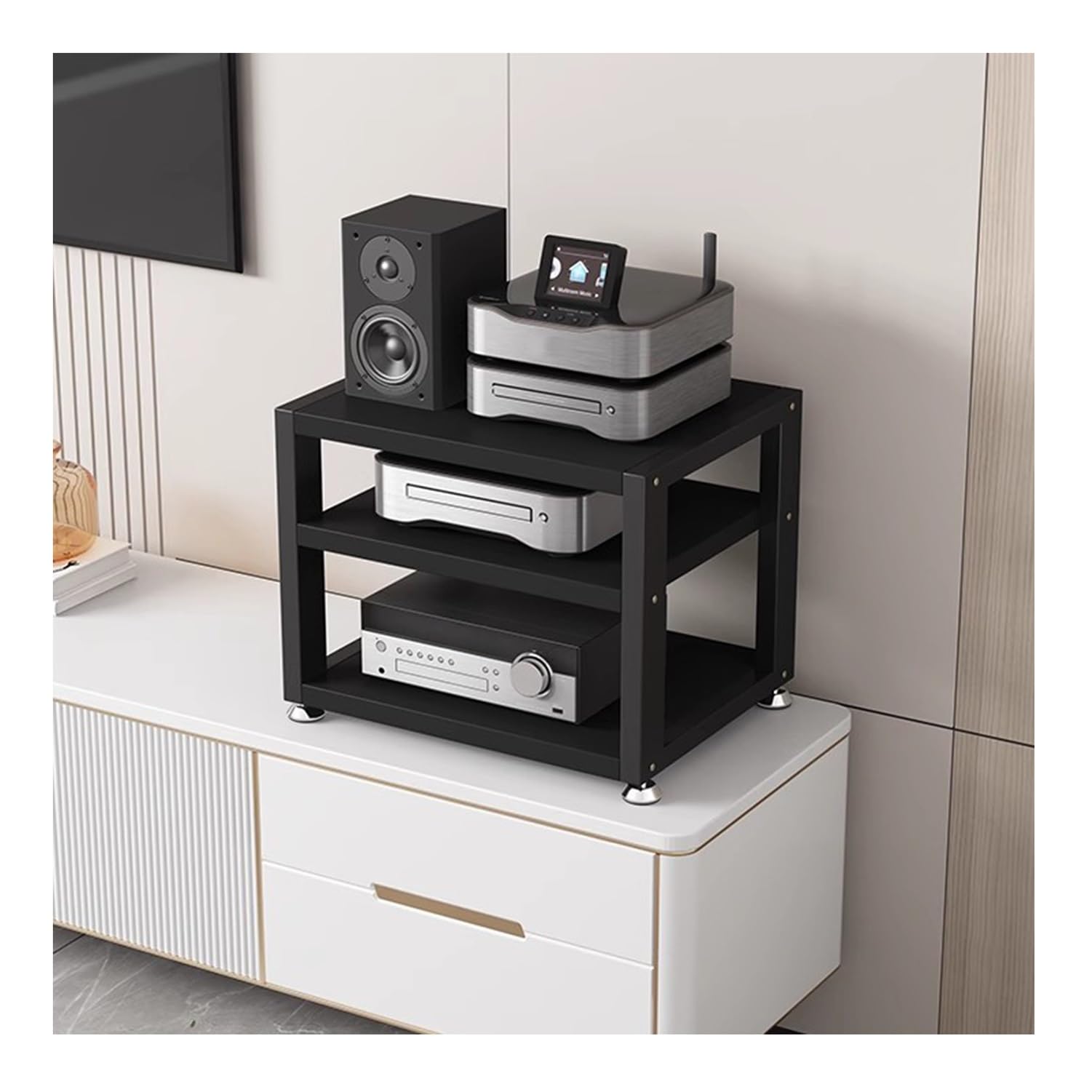 Stojak Pod Sprzęt HiFi 2/3/4-poziomowy Stojak Pod Gramofon Wielofunkcyjny Szafa Na Sprzęt Audio Do Odtwarzaczy DVD/Dekoderów Telewizji Kablowej/Konsoli Do Gier(Black,40x35x35.5cm)