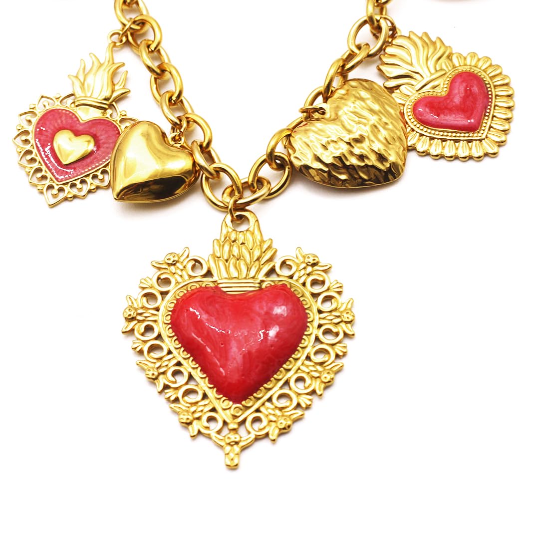 Generico Collana in Acciaio Inossidabile Color Oro con Ciondoli Cuore Smaltati Rossi - Cuori Sacri