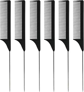 Rat Tail Comb Hair Comb 6 Packs Steel Pin Rat Tail Carbon Fiber Heat Resistant Teasing Combs with Stainless Steel Pintail for Hair Rat tail Combs Salon or Home Supplies (Black)