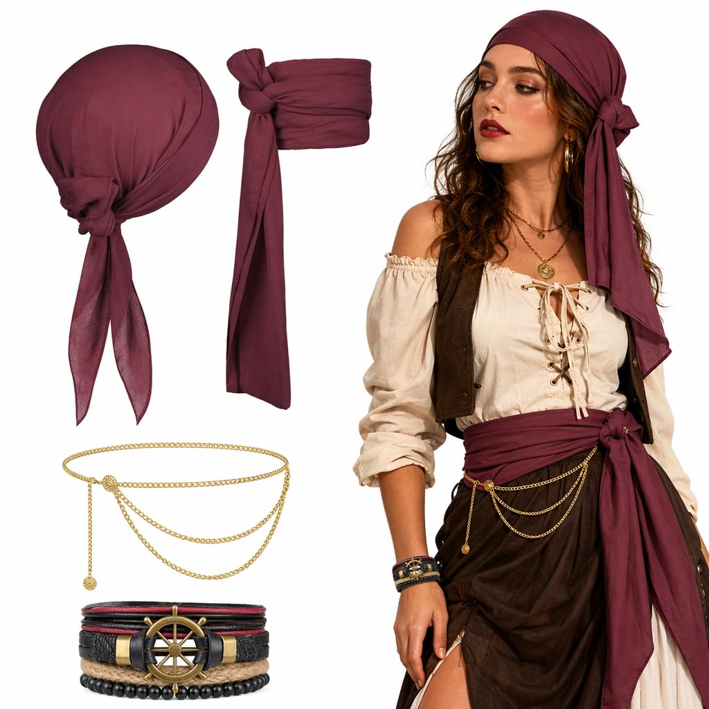 XcnPer Pirate Accessories Women, Pirate Costume Set Headband Belt Waist Chain Bracelet