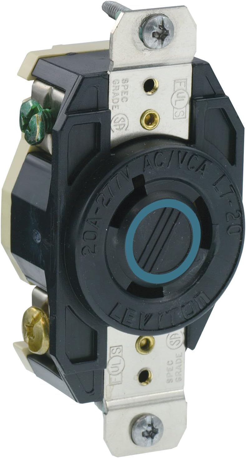 Leviton 2330 20-Amp, 277-Volt, Flush Mounting Locking Receptacle, Industrial Grade, Grounding, V-0-MAX, Black