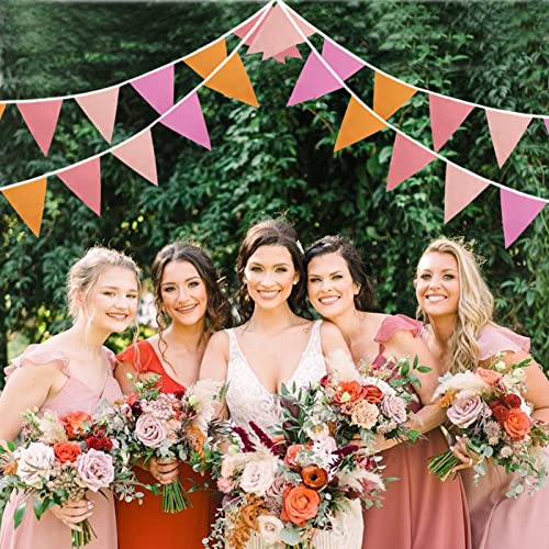 Image of Zwiebeco 39Ft Orange Pink Fabric Bunting Banner Triangle Flags Party Decorations Hanging Cotton Garland Pennant for Engagement Wedding Baby Shower Birthday Festivals Nursery Home Outdoor Garden