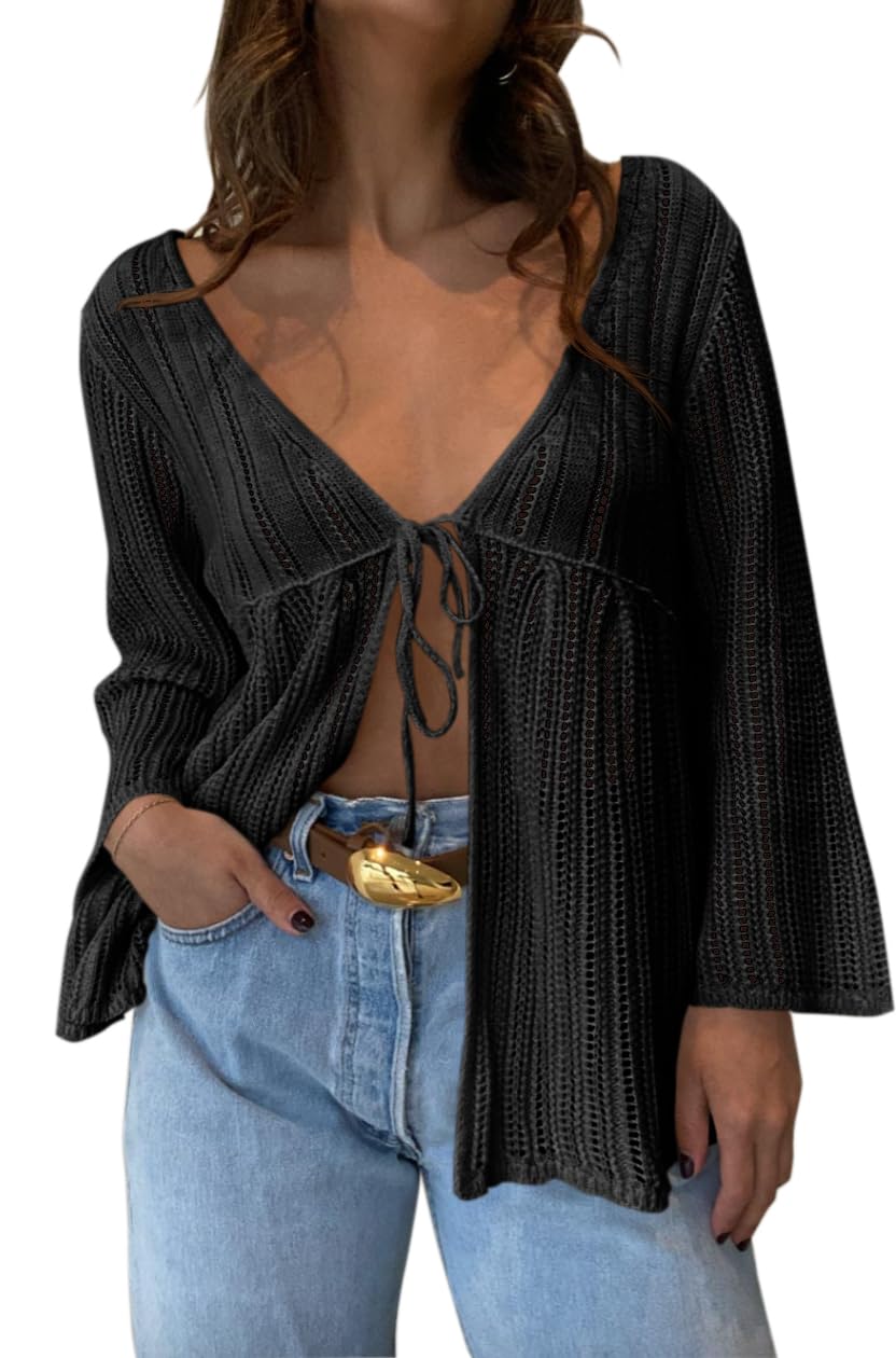 Saodimallsu Womens Summer Lightweight Tie Front Cardigans Crochet Knit Long Bell Sleeve Casual V Neck Beach Cover Ups